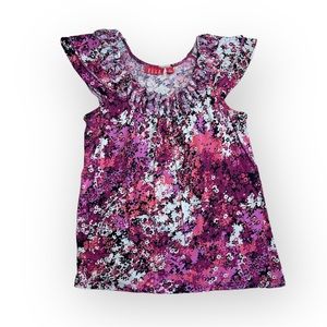 Elle Purple Pink White Black Floral Cap Sleeve Shirt Women's Medium Ruffle Scoop